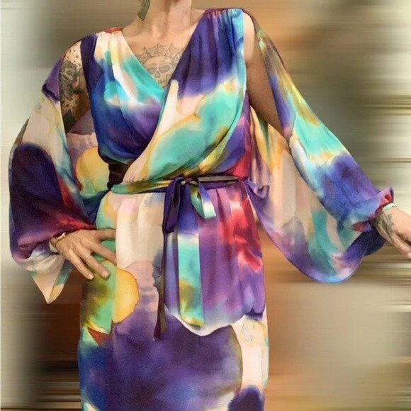 Suzi Chin Watercolor Abstract Chiffon Layer Open Sleeve Knee Length Dress P6702 - Picture 1 of 10